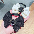 Korean Fabric Black White Bow Knot Hair Tie Rhinestone Elastic Band Ring Cute Girl Ponytail Head Rope Rubber